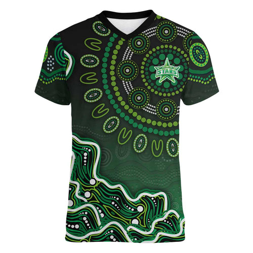 Melbourne Stars Cricket Mascot Women V-Neck T-Shirt Aboriginal Dot Art Green And Black Tribal Pattern