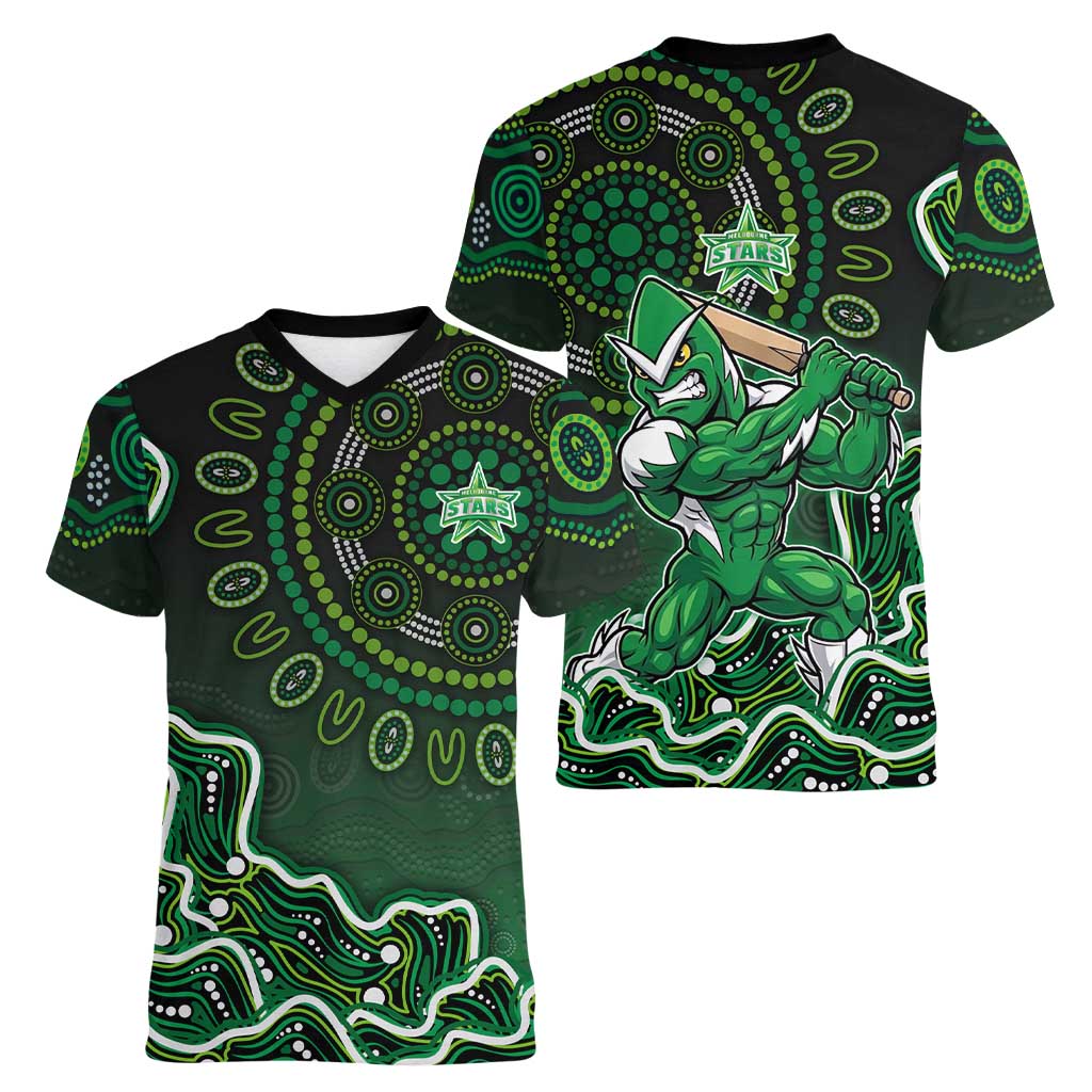 Melbourne Stars Cricket Mascot Women V-Neck T-Shirt Aboriginal Dot Art Green And Black Tribal Pattern