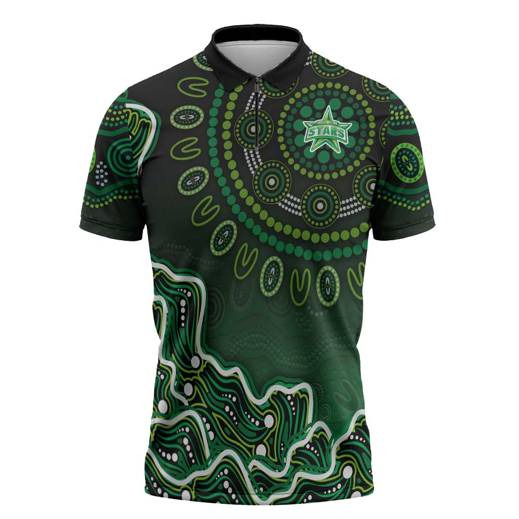 Melbourne Stars Cricket Mascot Zipper Polo Shirt Aboriginal Dot Art Green And Black Tribal Pattern