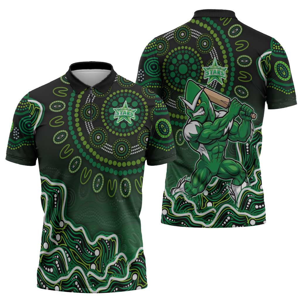 Melbourne Stars Cricket Mascot Zipper Polo Shirt Aboriginal Dot Art Green And Black Tribal Pattern