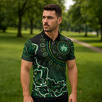Melbourne Stars Cricket Mascot Zipper Polo Shirt Aboriginal Dot Art Green And Black Tribal Pattern