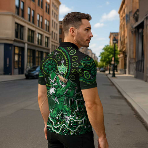 Melbourne Stars Cricket Mascot Zipper Polo Shirt Aboriginal Dot Art Green And Black Tribal Pattern
