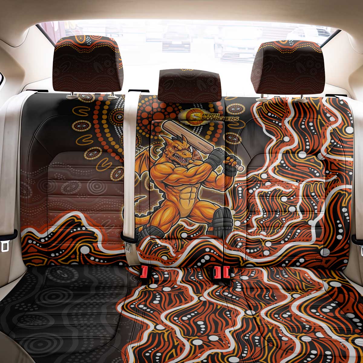 Perth Scorchers Cricket Mascot Back Car Seat Cover Aboriginal Dot Art Orange And Black Tribal Pattern