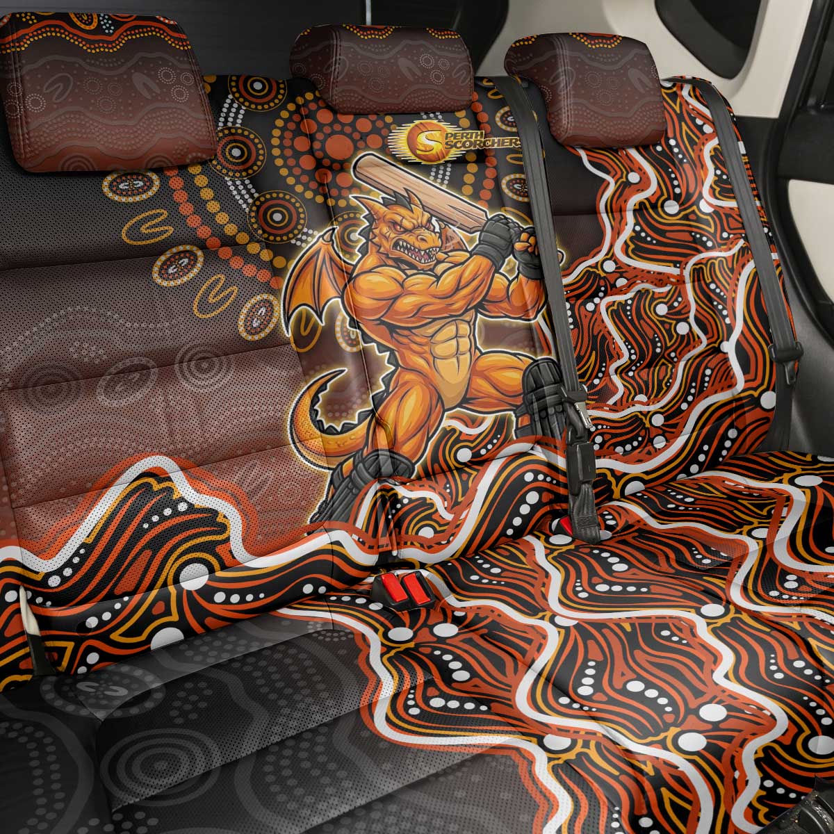 Perth Scorchers Cricket Mascot Back Car Seat Cover Aboriginal Dot Art Orange And Black Tribal Pattern