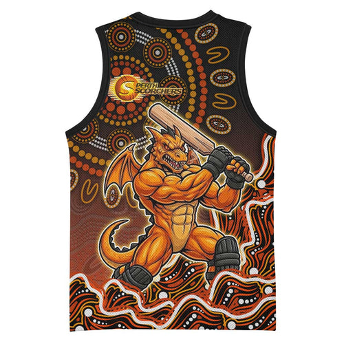 Perth Scorchers Cricket Mascot Basketball Jersey Aboriginal Dot Art Orange And Black Tribal Pattern