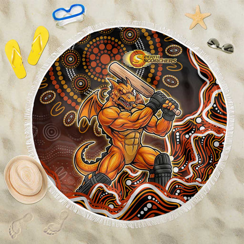 Perth Scorchers Cricket Mascot Beach Blanket Aboriginal Dot Art Orange And Black Tribal Pattern