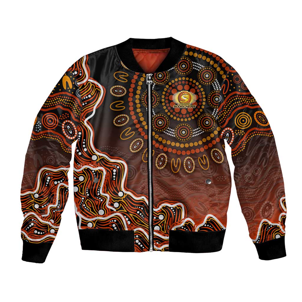 Perth Scorchers Cricket Mascot Bomber Jacket Aboriginal Dot Art Orange And Black Tribal Pattern