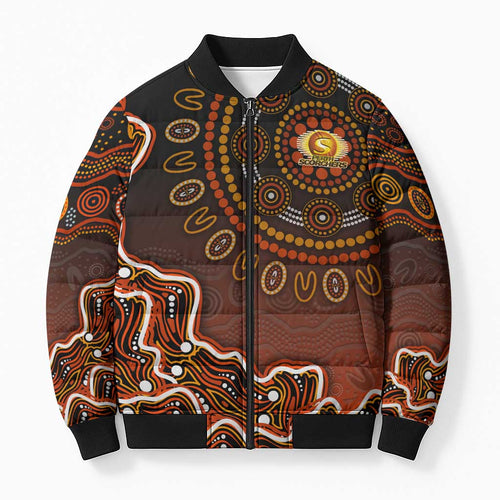 Perth Scorchers Cricket Mascot Bomber Puffer Jacket Aboriginal Dot Art Orange And Black Tribal Pattern