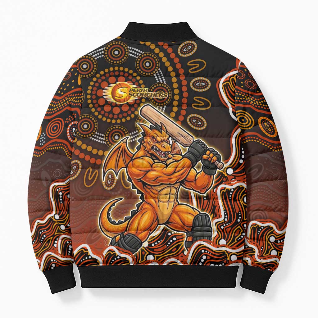 Perth Scorchers Cricket Mascot Bomber Puffer Jacket Aboriginal Dot Art Orange And Black Tribal Pattern