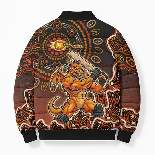 Perth Scorchers Cricket Mascot Bomber Puffer Jacket Aboriginal Dot Art Orange And Black Tribal Pattern