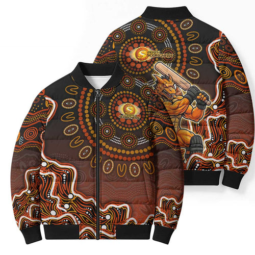 Perth Scorchers Cricket Mascot Bomber Puffer Jacket Aboriginal Dot Art Orange And Black Tribal Pattern