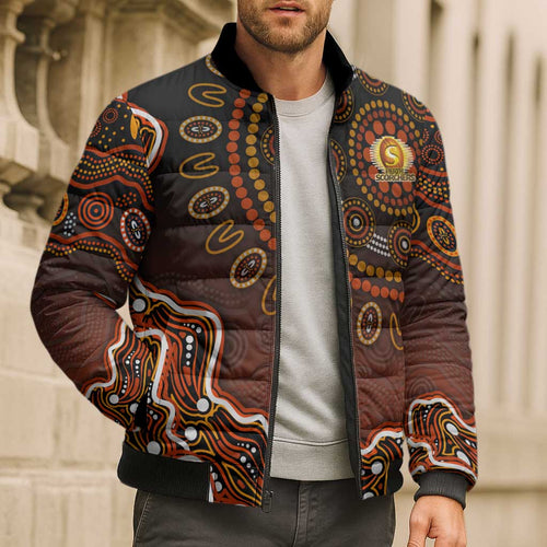 Perth Scorchers Cricket Mascot Bomber Puffer Jacket Aboriginal Dot Art Orange And Black Tribal Pattern
