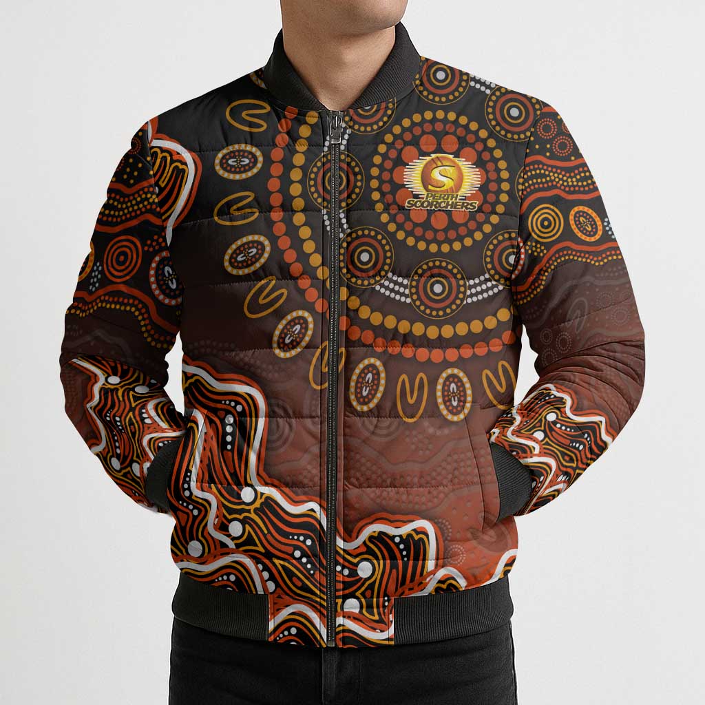Perth Scorchers Cricket Mascot Bomber Puffer Jacket Aboriginal Dot Art Orange And Black Tribal Pattern