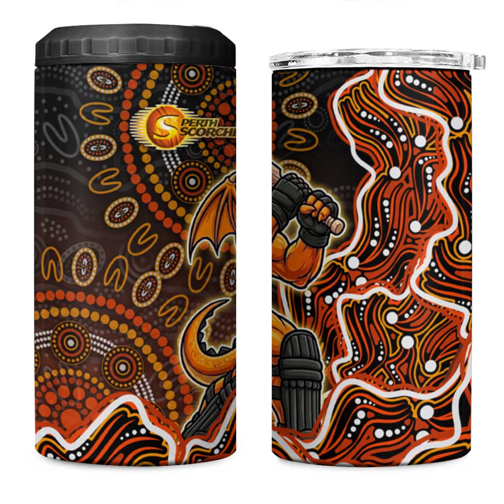 Perth Scorchers Cricket Mascot 4 in 1 Can Cooler Tumbler Aboriginal Dot Art Orange And Black Tribal Pattern