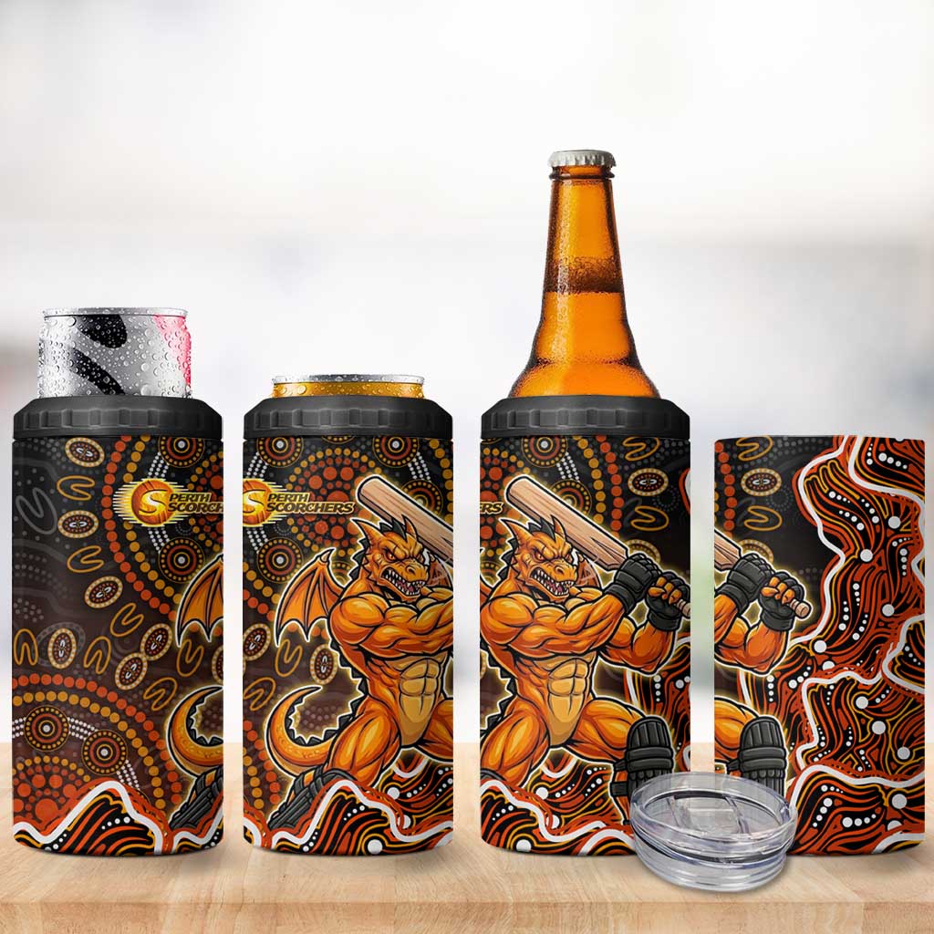 Perth Scorchers Cricket Mascot 4 in 1 Can Cooler Tumbler Aboriginal Dot Art Orange And Black Tribal Pattern