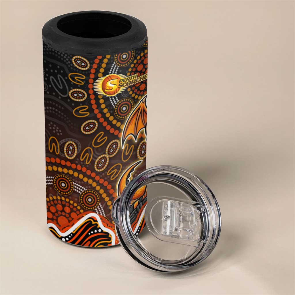 Perth Scorchers Cricket Mascot 4 in 1 Can Cooler Tumbler Aboriginal Dot Art Orange And Black Tribal Pattern