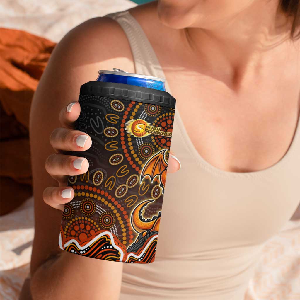 Perth Scorchers Cricket Mascot 4 in 1 Can Cooler Tumbler Aboriginal Dot Art Orange And Black Tribal Pattern