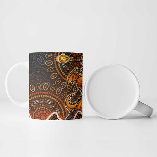 Perth Scorchers Cricket Mascot Ceramic Mug Aboriginal Dot Art Orange And Black Tribal Pattern