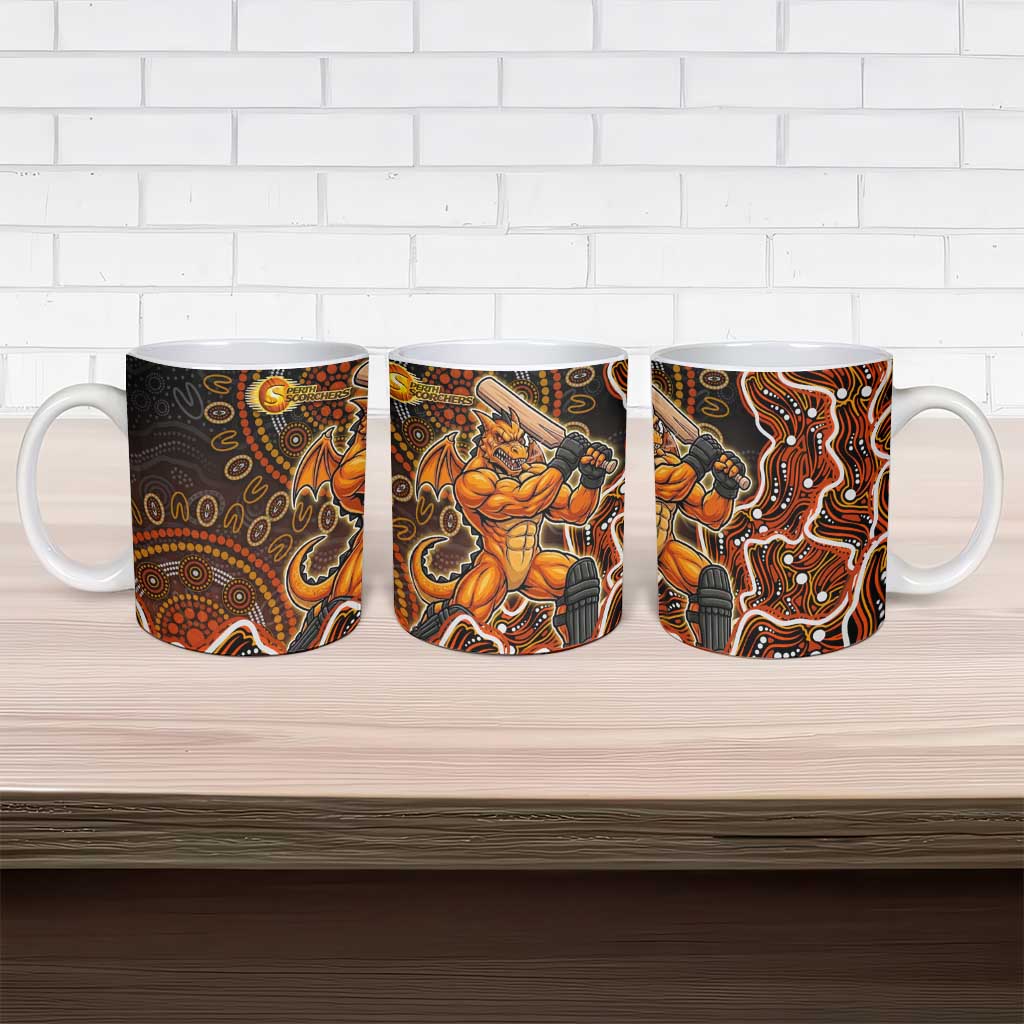 Perth Scorchers Cricket Mascot Ceramic Mug Aboriginal Dot Art Orange And Black Tribal Pattern