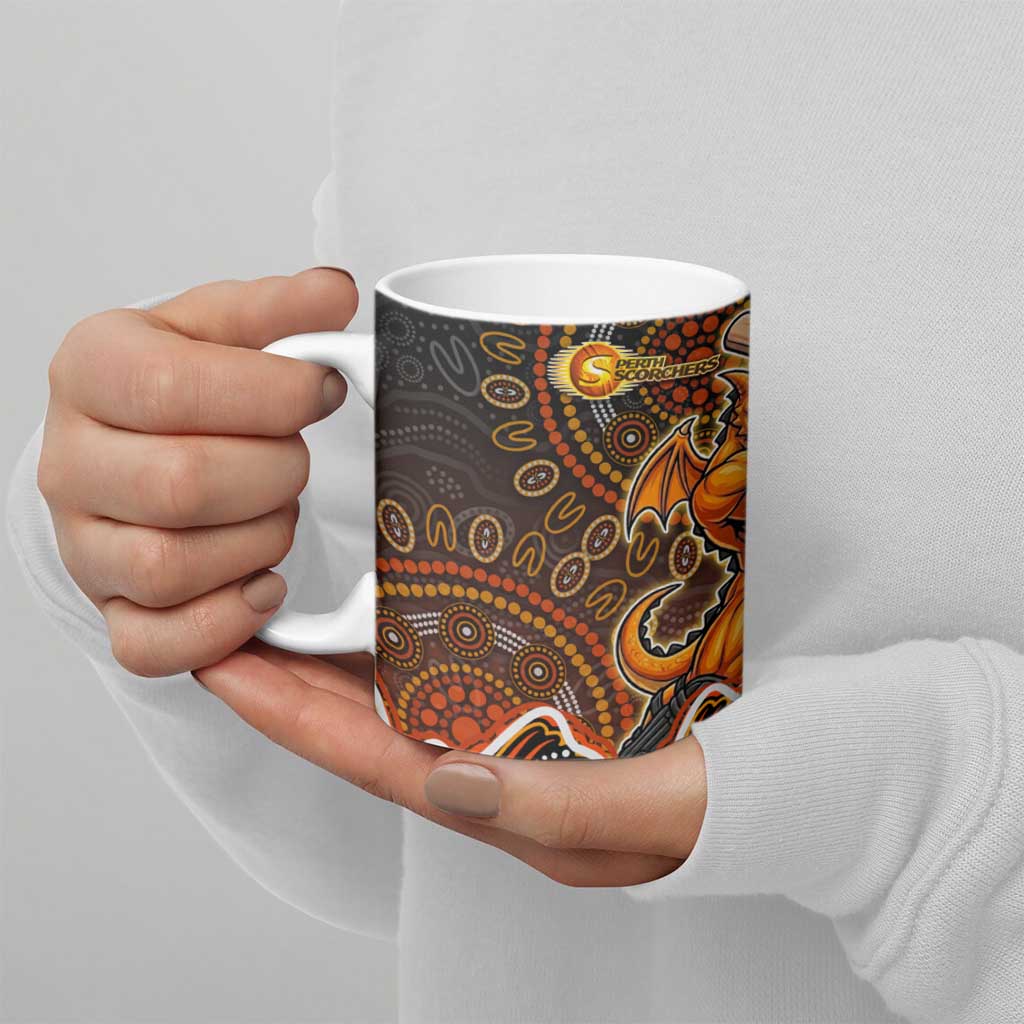 Perth Scorchers Cricket Mascot Ceramic Mug Aboriginal Dot Art Orange And Black Tribal Pattern