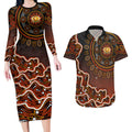 Perth Scorchers Cricket Mascot Couples Matching Long Sleeve Bodycon Dress and Hawaiian Shirt Aboriginal Dot Art Orange And Black Tribal Pattern