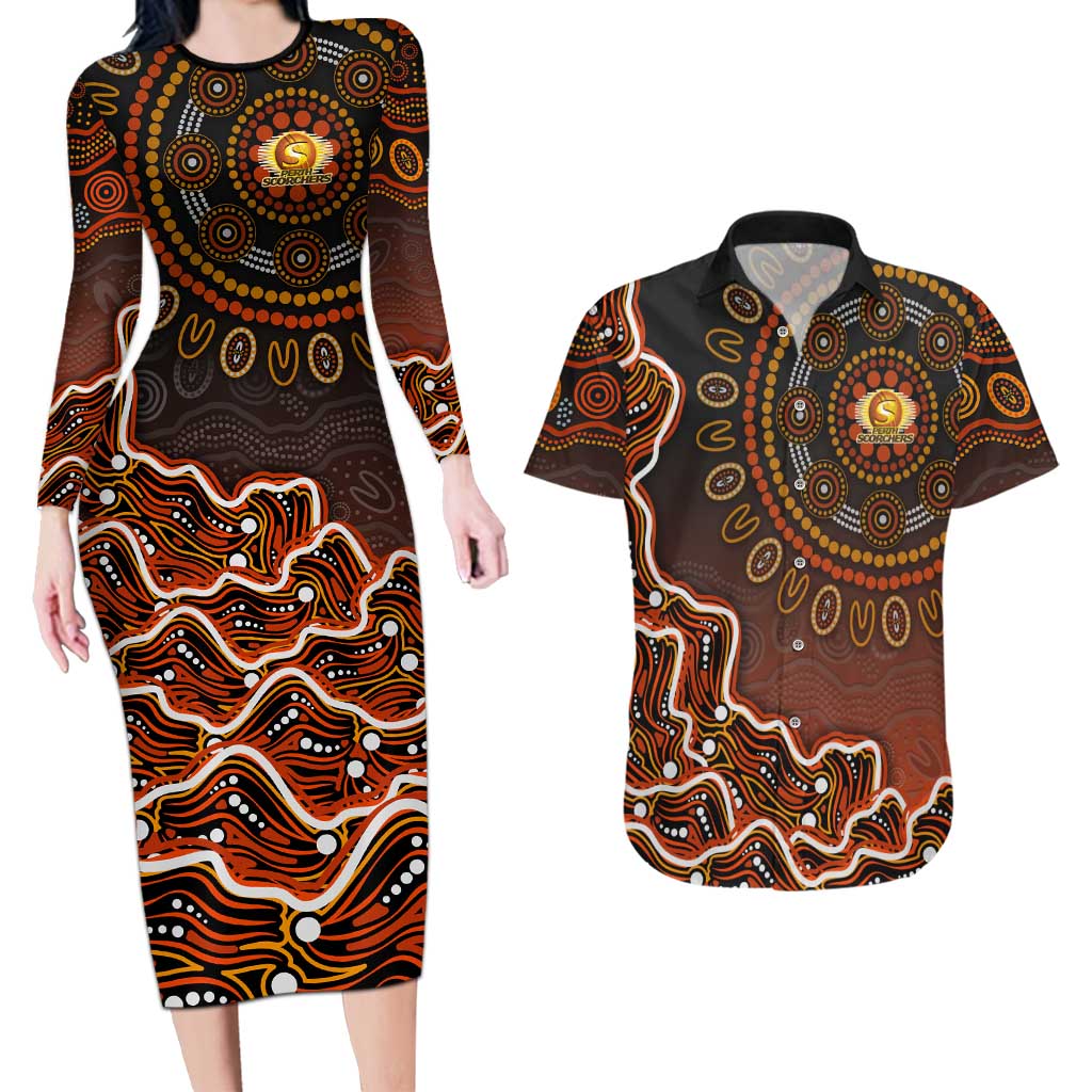 Perth Scorchers Cricket Mascot Couples Matching Long Sleeve Bodycon Dress and Hawaiian Shirt Aboriginal Dot Art Orange And Black Tribal Pattern