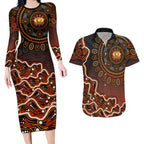Perth Scorchers Cricket Mascot Couples Matching Long Sleeve Bodycon Dress and Hawaiian Shirt Aboriginal Dot Art Orange And Black Tribal Pattern