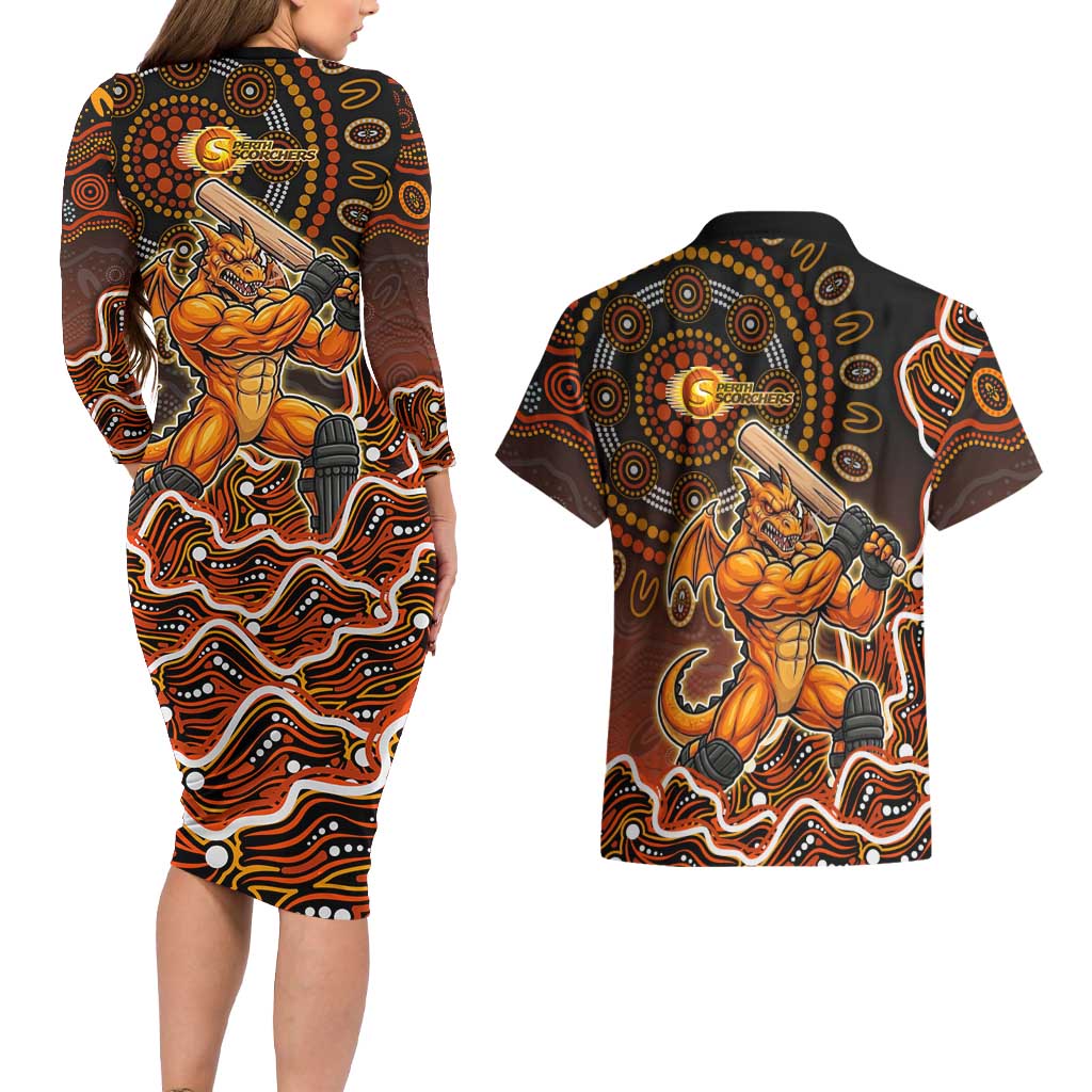 Perth Scorchers Cricket Mascot Couples Matching Long Sleeve Bodycon Dress and Hawaiian Shirt Aboriginal Dot Art Orange And Black Tribal Pattern