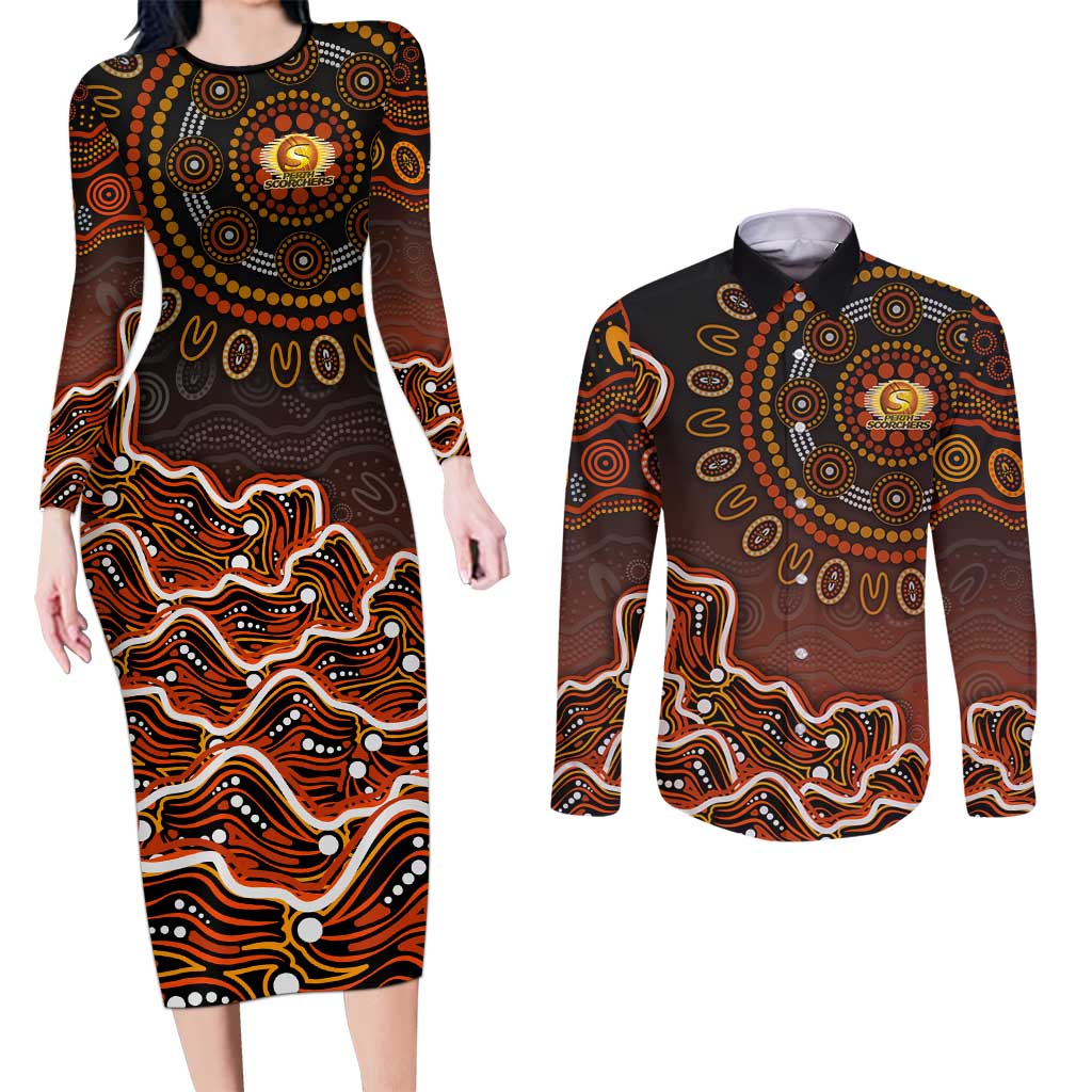 Perth Scorchers Cricket Mascot Couples Matching Long Sleeve Bodycon Dress and Long Sleeve Button Shirt Aboriginal Dot Art Orange And Black Tribal Pattern