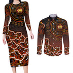 Perth Scorchers Cricket Mascot Couples Matching Long Sleeve Bodycon Dress and Long Sleeve Button Shirt Aboriginal Dot Art Orange And Black Tribal Pattern