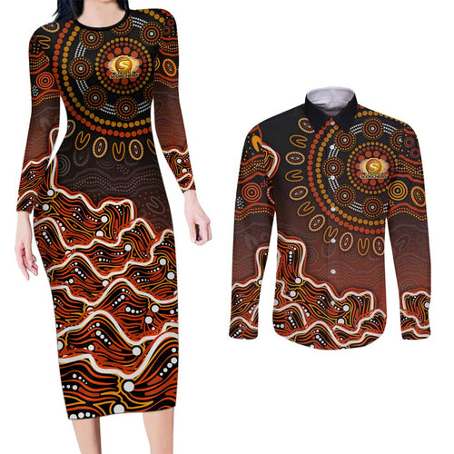 Perth Scorchers Cricket Mascot Couples Matching Long Sleeve Bodycon Dress and Long Sleeve Button Shirt Aboriginal Dot Art Orange And Black Tribal Pattern
