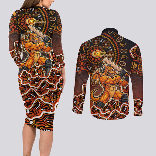 Perth Scorchers Cricket Mascot Couples Matching Long Sleeve Bodycon Dress and Long Sleeve Button Shirt Aboriginal Dot Art Orange And Black Tribal Pattern