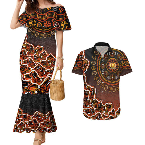 Perth Scorchers Cricket Mascot Couples Matching Mermaid Dress and Hawaiian Shirt Aboriginal Dot Art Orange And Black Tribal Pattern
