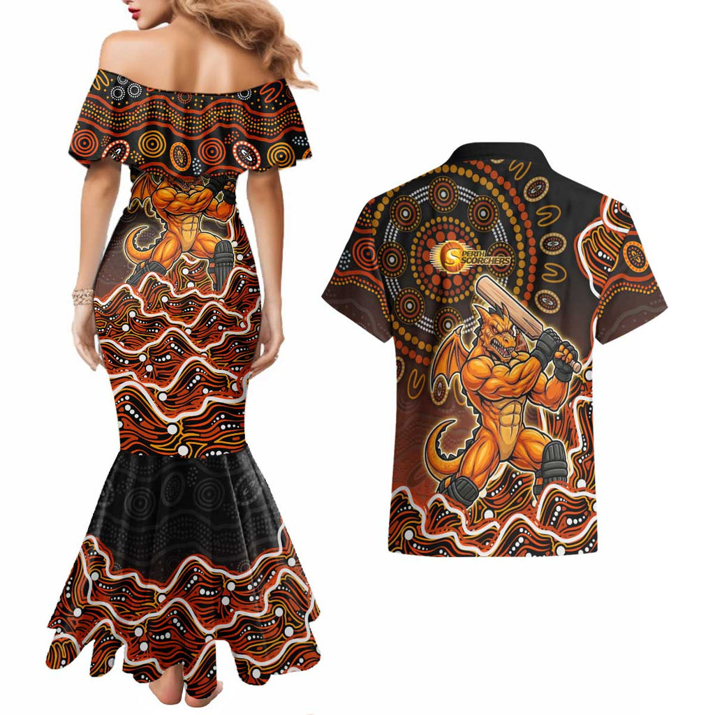 Perth Scorchers Cricket Mascot Couples Matching Mermaid Dress and Hawaiian Shirt Aboriginal Dot Art Orange And Black Tribal Pattern
