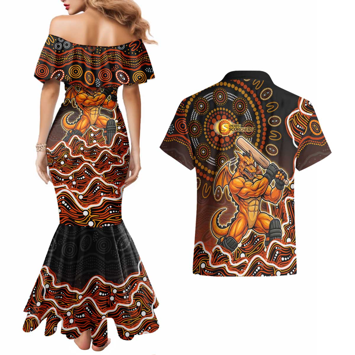 Perth Scorchers Cricket Mascot Couples Matching Mermaid Dress and Hawaiian Shirt Aboriginal Dot Art Orange And Black Tribal Pattern