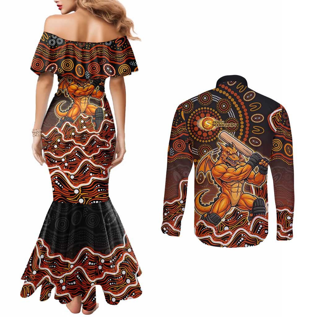 Perth Scorchers Cricket Mascot Couples Matching Mermaid Dress and Long Sleeve Button Shirt Aboriginal Dot Art Orange And Black Tribal Pattern