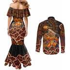 Perth Scorchers Cricket Mascot Couples Matching Mermaid Dress and Long Sleeve Button Shirt Aboriginal Dot Art Orange And Black Tribal Pattern