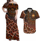 Perth Scorchers Cricket Mascot Couples Matching Off Shoulder Maxi Dress and Hawaiian Shirt Aboriginal Dot Art Orange And Black Tribal Pattern