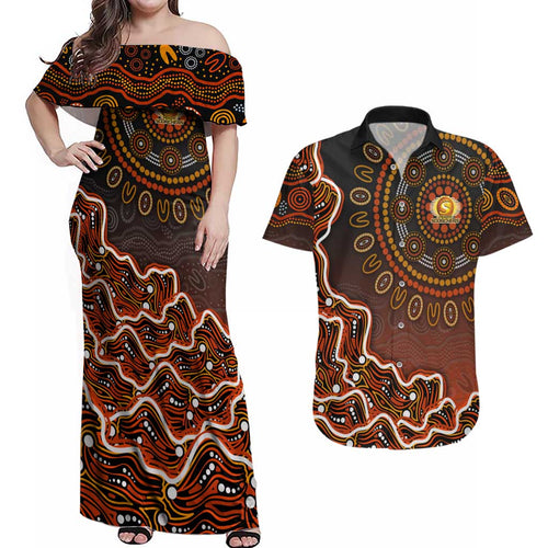 Perth Scorchers Cricket Mascot Couples Matching Off Shoulder Maxi Dress and Hawaiian Shirt Aboriginal Dot Art Orange And Black Tribal Pattern