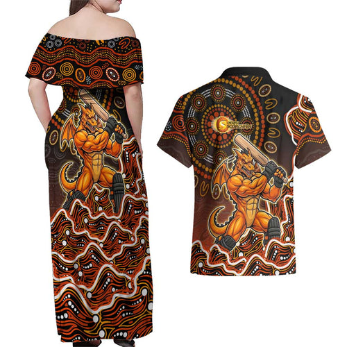 Perth Scorchers Cricket Mascot Couples Matching Off Shoulder Maxi Dress and Hawaiian Shirt Aboriginal Dot Art Orange And Black Tribal Pattern