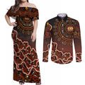 Perth Scorchers Cricket Mascot Couples Matching Off Shoulder Maxi Dress and Long Sleeve Button Shirt Aboriginal Dot Art Orange And Black Tribal Pattern