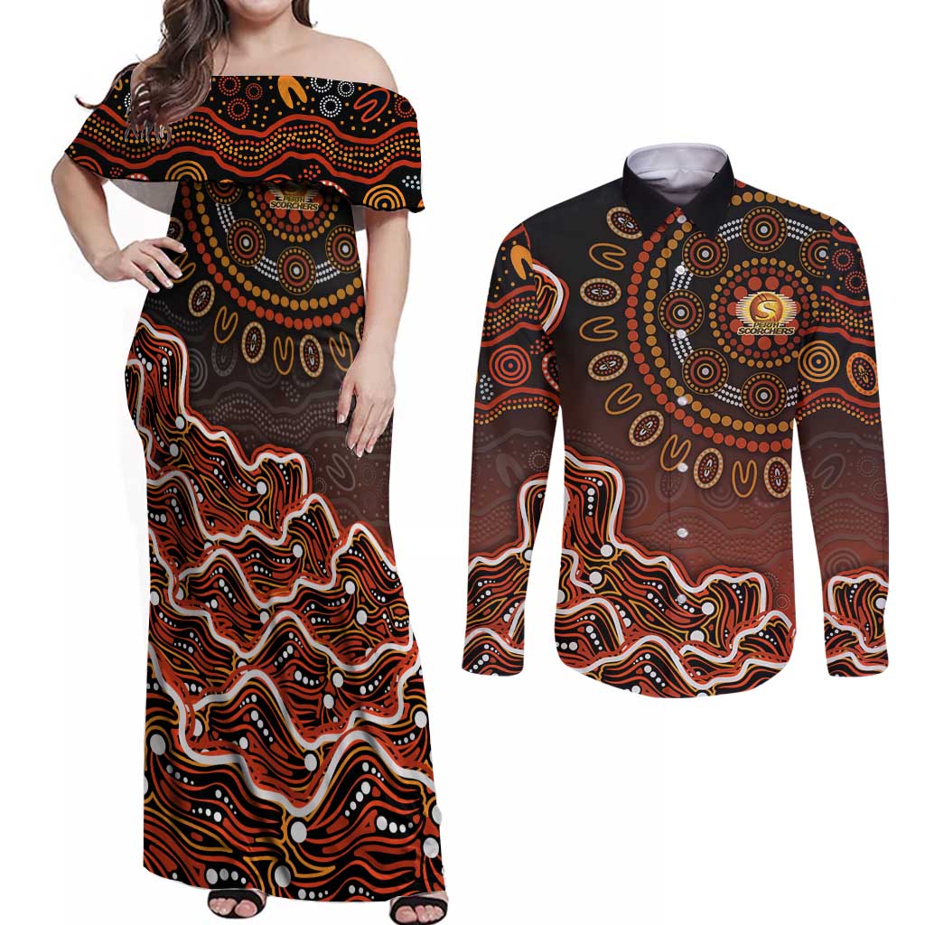 Perth Scorchers Cricket Mascot Couples Matching Off Shoulder Maxi Dress and Long Sleeve Button Shirt Aboriginal Dot Art Orange And Black Tribal Pattern