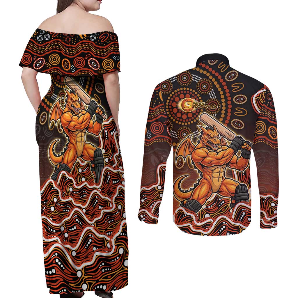 Perth Scorchers Cricket Mascot Couples Matching Off Shoulder Maxi Dress and Long Sleeve Button Shirt Aboriginal Dot Art Orange And Black Tribal Pattern