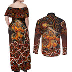 Perth Scorchers Cricket Mascot Couples Matching Off Shoulder Maxi Dress and Long Sleeve Button Shirt Aboriginal Dot Art Orange And Black Tribal Pattern