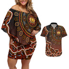Perth Scorchers Cricket Mascot Couples Matching Off Shoulder Short Dress and Hawaiian Shirt Aboriginal Dot Art Orange And Black Tribal Pattern