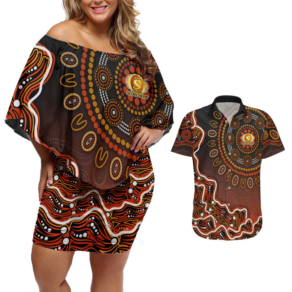Perth Scorchers Cricket Mascot Couples Matching Off Shoulder Short Dress and Hawaiian Shirt Aboriginal Dot Art Orange And Black Tribal Pattern