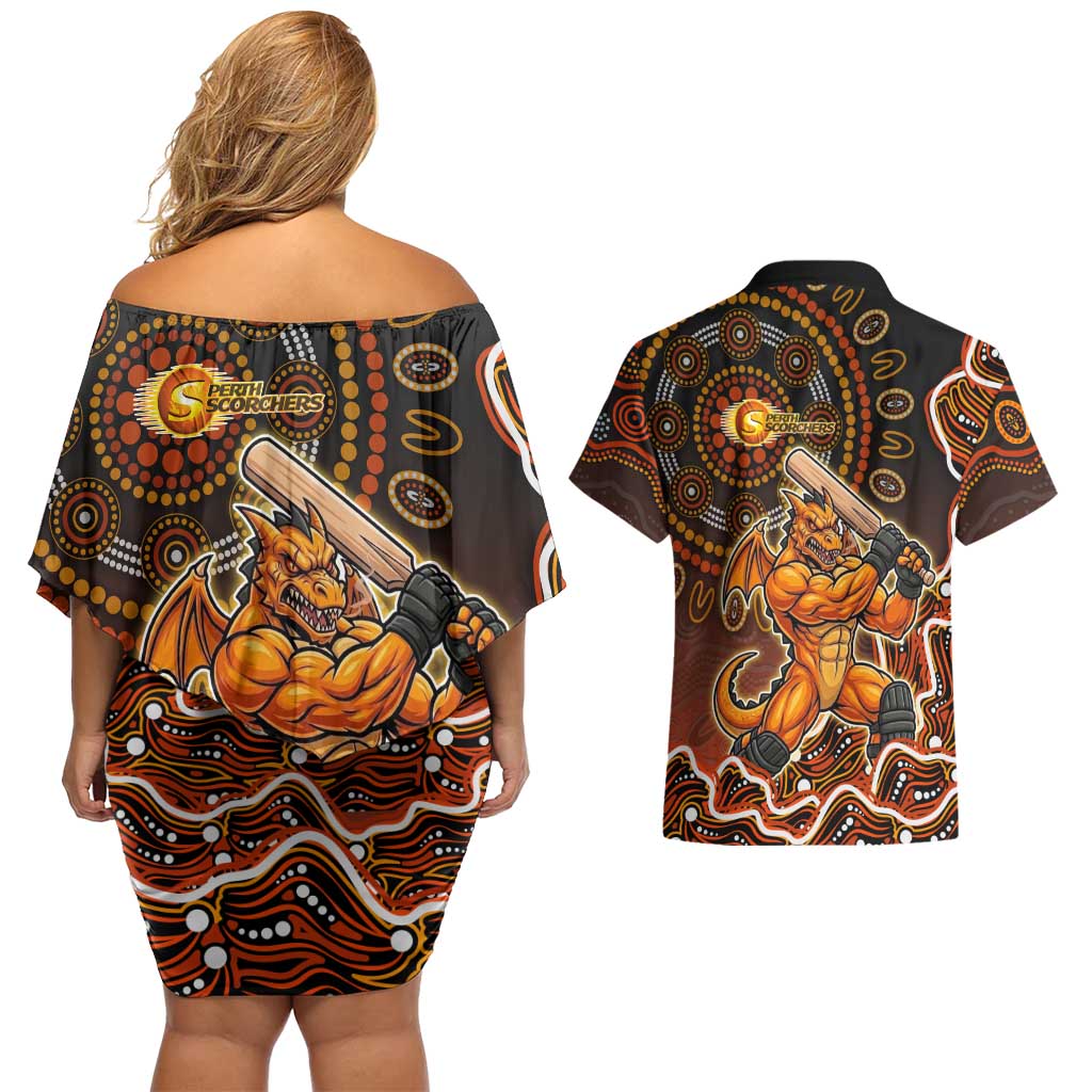 Perth Scorchers Cricket Mascot Couples Matching Off Shoulder Short Dress and Hawaiian Shirt Aboriginal Dot Art Orange And Black Tribal Pattern