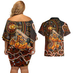 Perth Scorchers Cricket Mascot Couples Matching Off Shoulder Short Dress and Hawaiian Shirt Aboriginal Dot Art Orange And Black Tribal Pattern