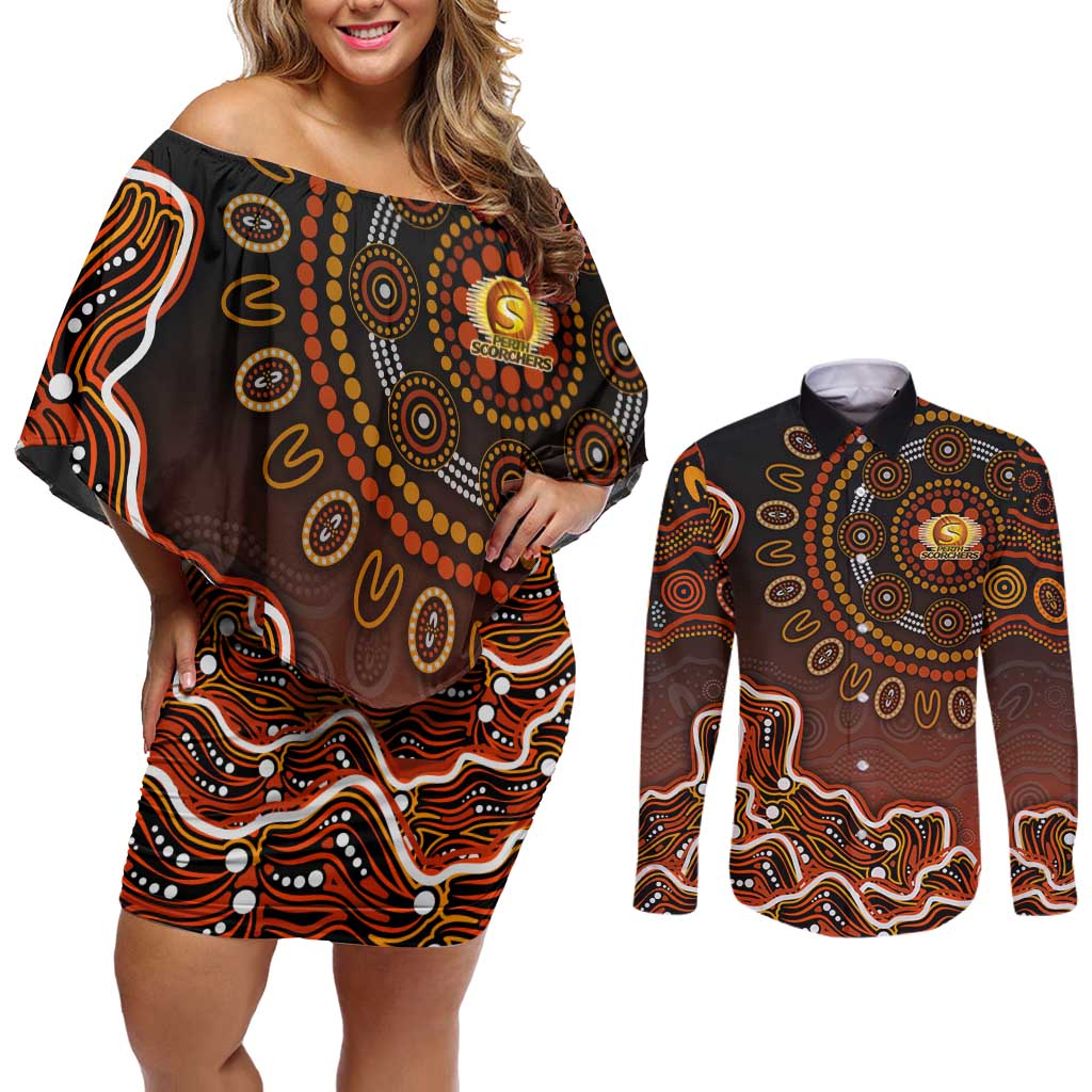 Perth Scorchers Cricket Mascot Couples Matching Off Shoulder Short Dress and Long Sleeve Button Shirt Aboriginal Dot Art Orange And Black Tribal Pattern