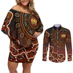 Perth Scorchers Cricket Mascot Couples Matching Off Shoulder Short Dress and Long Sleeve Button Shirt Aboriginal Dot Art Orange And Black Tribal Pattern